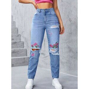 Floral Butterfly Embroider Ripped Mom Jeans High Waist